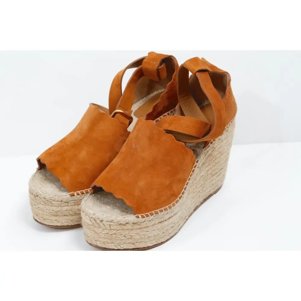 Chloe Lauren Scalloped Suede Espadrille Wedge Sandals 38 Tan Chestnut Platforms